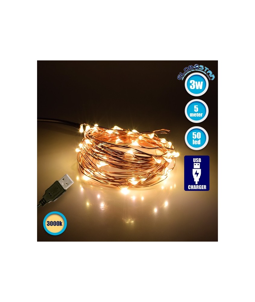 79721 Διακοσμητική Γιρλάντα 5 Μέτρων 50 LED USB 5 Volt 3 Watt με Χάλκινο Συρμάτινο Καλώδιο Θερμό Λευκό 3000K